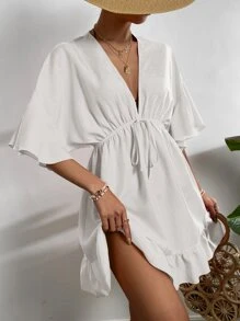 Breezaya Solid Tie Front Ruffle Hem Cover Up,Summer Beach - White - View 3