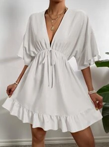 Breezaya Solid Tie Front Ruffle Hem Cover Up,Summer Beach - White - View 4