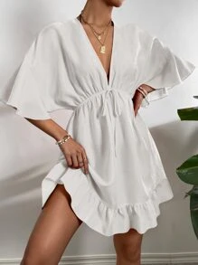 Breezaya Solid Tie Front Ruffle Hem Cover Up,Summer Beach - White - View 5