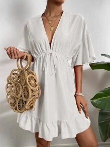 Breezaya Solid Tie Front Ruffle Hem Cover Up,Summer Beach - White - View 6