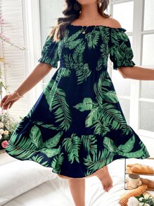 SHEIN Holidaya 大碼熱帶圖案一字肩荷葉邊連衣裙 - 彩色 - 查看 4