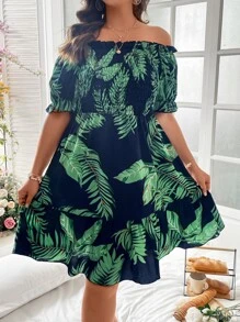 SHEIN Holidaya 大碼熱帶圖案一字肩荷葉邊連衣裙 - 彩色 - 查看 5