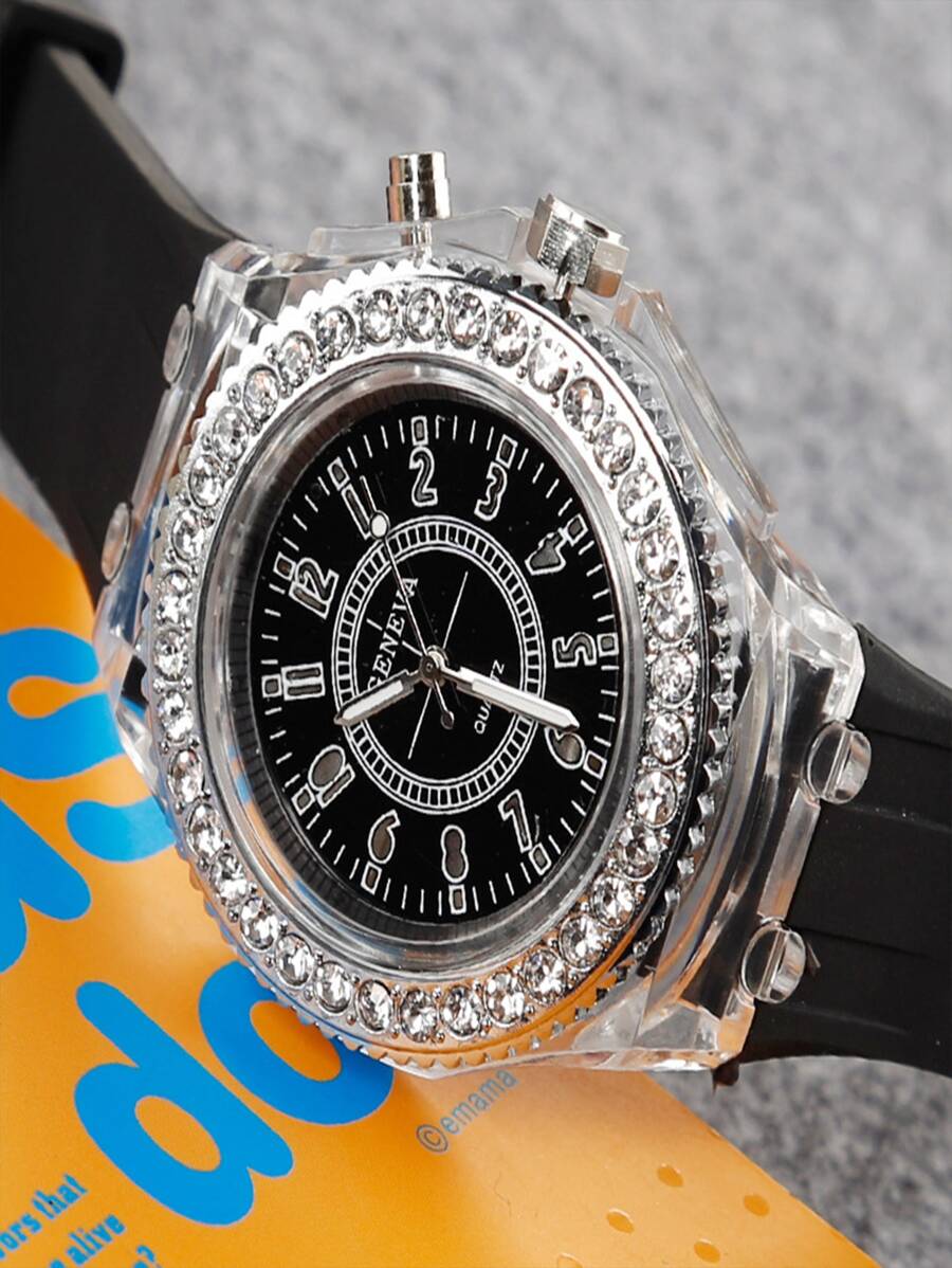 1pc Black Rubber Strap Fashion Glow In The Dark Rhinestone Decor Round Dial Quartz Watch, For Daily Decoration - Black - View 1