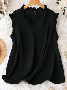 SHEIN Clasi Plus Frill Trim V Neck Sleeveless Blouse - Black - View 1