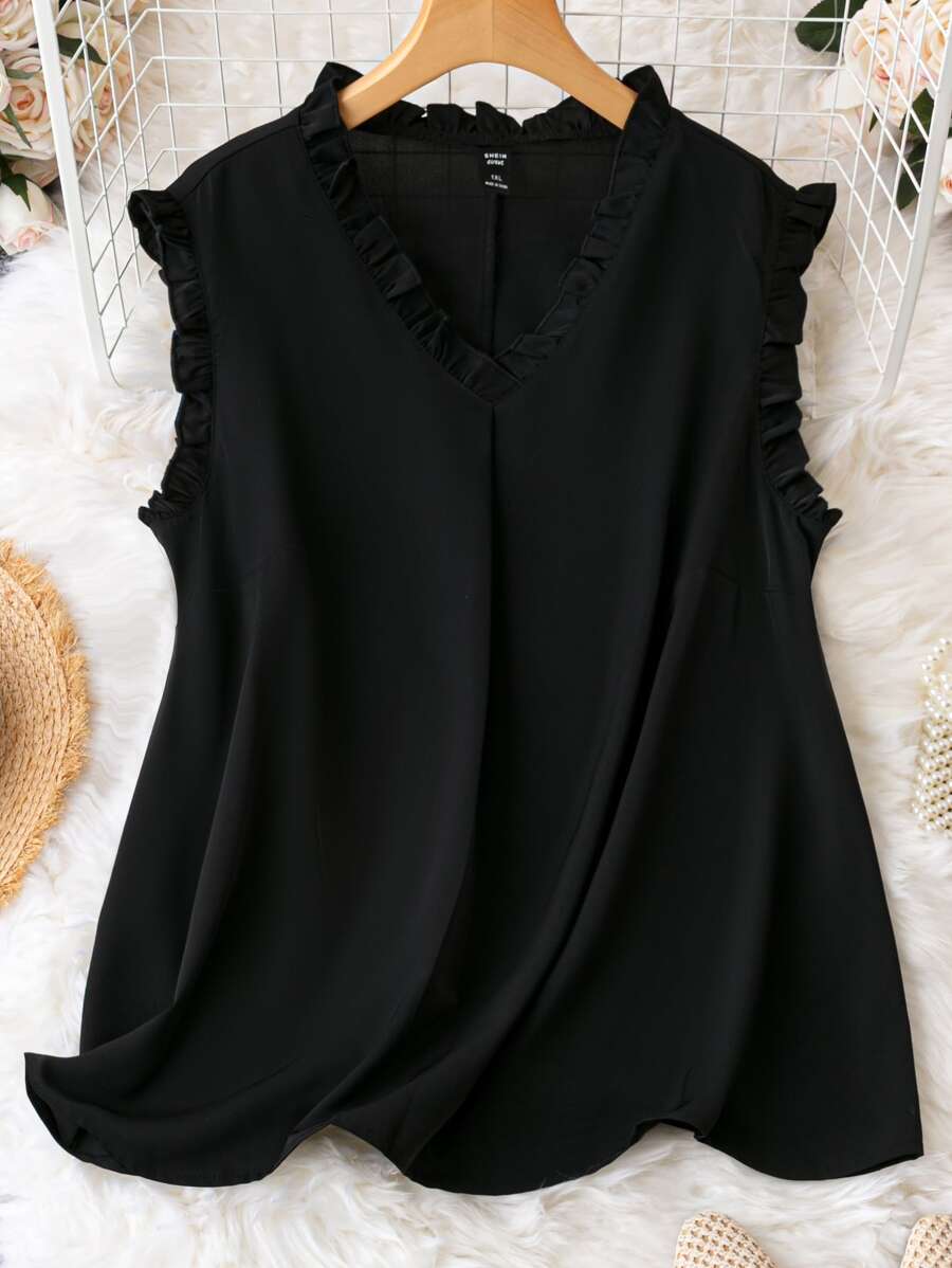 SHEIN Clasi Plus Frill Trim V Neck Sleeveless Blouse - Black - View 1