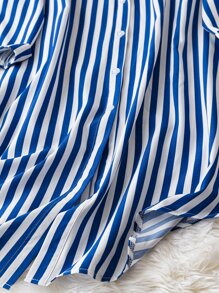 Flirla Plus Striped Print Button Front Shirt Dress - Blue and White - View 4