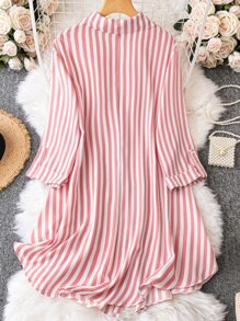 SHEIN Franclia Plus Striped Print Roll Tab Sleeve Shirt Dress - Pink - View 2