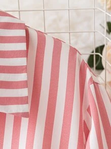 SHEIN Franclia Plus Striped Print Roll Tab Sleeve Shirt Dress - Pink - View 3