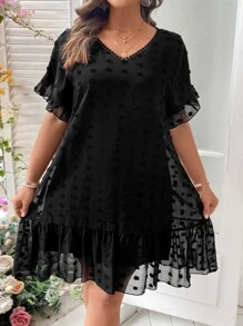 SHEIN LUNE Plus Swiss Dot Ruffle Hem Smock Dress - Black - View 1