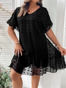 SHEIN LUNE Plus Swiss Dot Ruffle Hem Smock Dress - Black - View 3