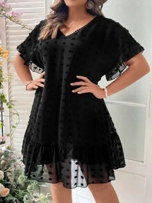 SHEIN LUNE Plus Swiss Dot Ruffle Hem Smock Dress - Black - View 5