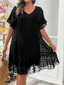 SHEIN LUNE Plus Swiss Dot Ruffle Hem Smock Dress - Black - View 6