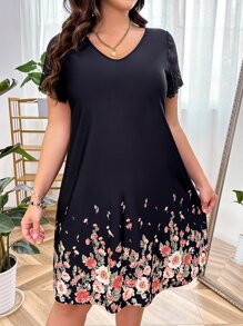 SHEIN LUNE Đầm Plus Size Tương phản ren Hoa Giải trí - màu đen - Xem 4