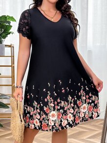 SHEIN LUNE Đầm Plus Size Tương phản ren Hoa Giải trí - màu đen - Xem 5