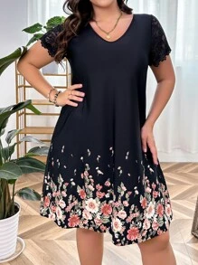 SHEIN LUNE Đầm Plus Size Tương phản ren Hoa Giải trí - màu đen - Xem 6