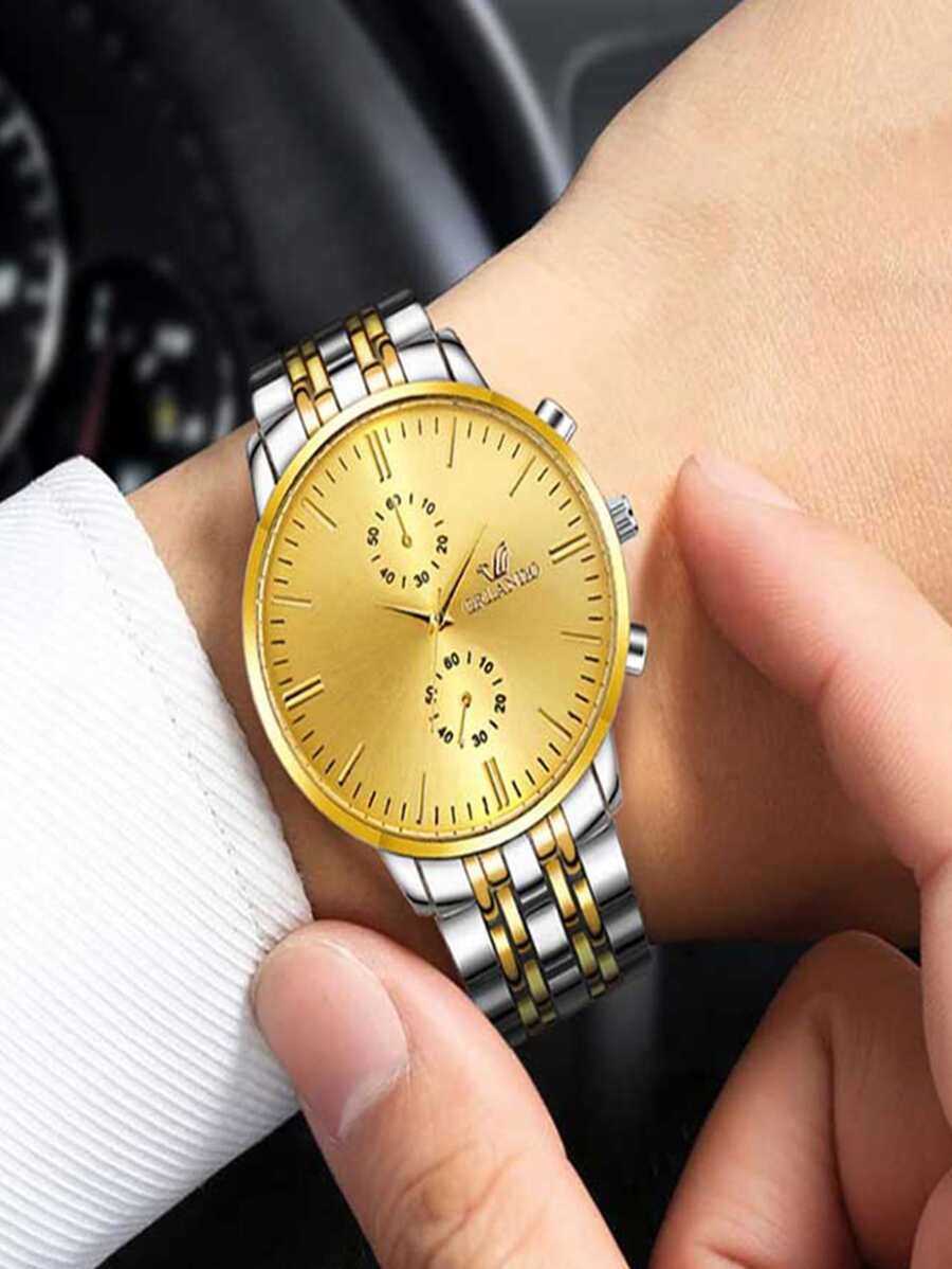 1入組男士雙色合金錶帶休閒圓形錶盤石英手錶適合日常生活 - 金色 - 查看 1