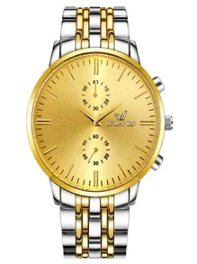 1入組男士雙色合金錶帶休閒圓形錶盤石英手錶適合日常生活 - 金色 - 查看 3