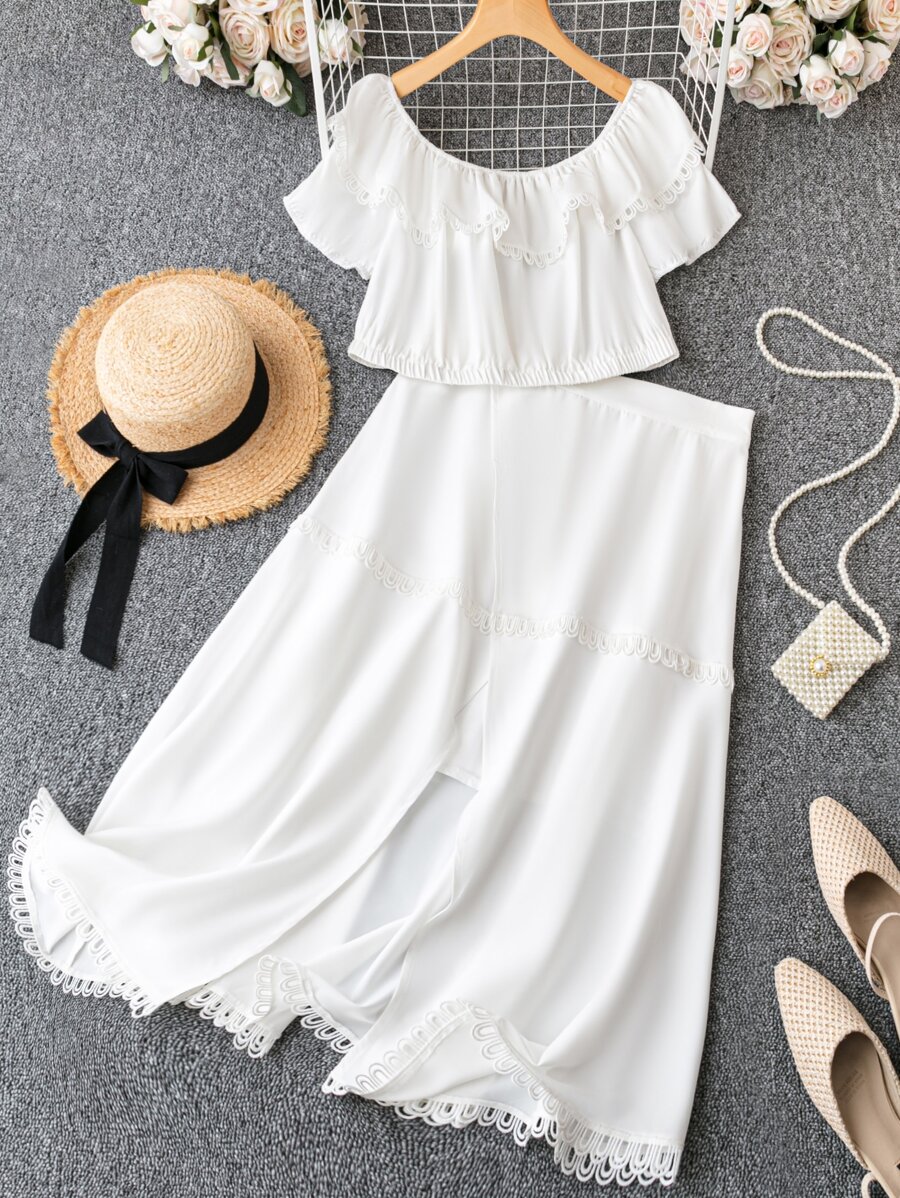 SHEIN LUNE ribete con fruncido Blusa & ribete con encaje Falda - Blanco - Ver 1