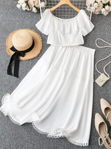 SHEIN LUNE ribete con fruncido Blusa & ribete con encaje Falda - Blanco - Ver 2