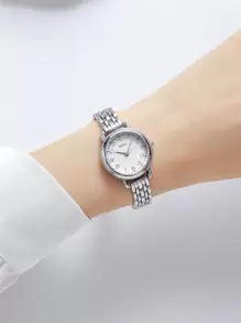 NAIDU 1pc Women Silver Stainless Steel Strap Casual Round Dial Quartz Watch, For Daily Life