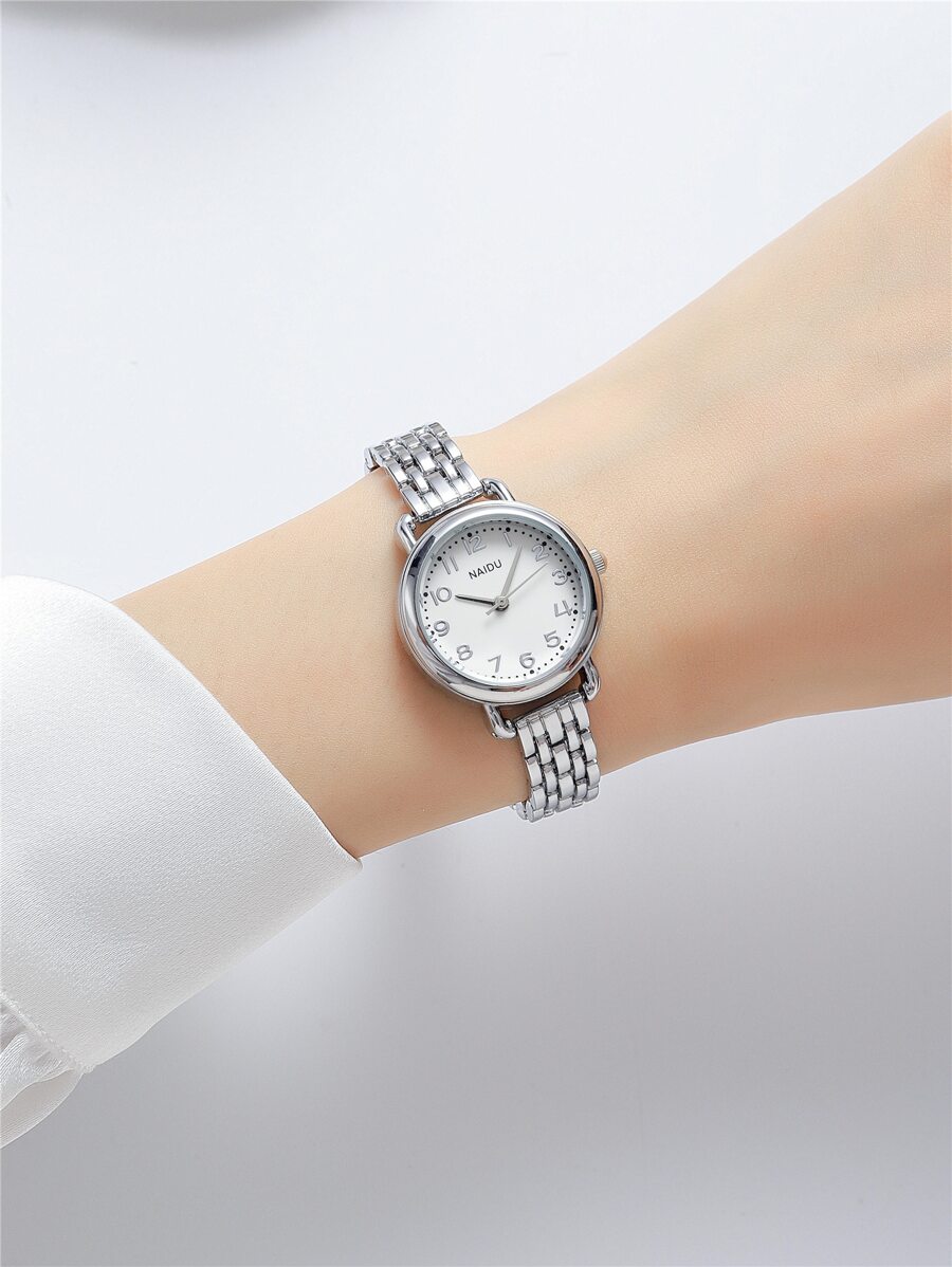 NAIDU 1pc Women Silver Stainless Steel Strap Casual Round Dial Quartz Watch, For Daily Life