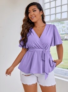Celure Plus Butterfly Sleeve Belted Peplum Blouse Peplum Top - Lilac Purple - View 3