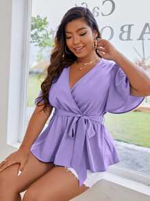 Celure Plus Butterfly Sleeve Belted Peplum Blouse Peplum Top - Lilac Purple - View 4