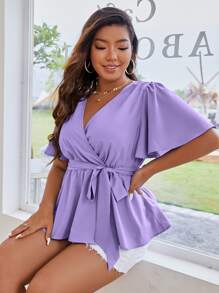 Celure Plus Butterfly Sleeve Belted Peplum Blouse Peplum Top - Lilac Purple - View 6