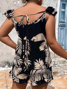 SHEIN Holidaya Plus Tropical Print Ruffle Trim Top & Shorts - Multicolor - View 2