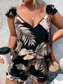 SHEIN Holidaya Plus Tropical Print Ruffle Trim Top & Shorts - Multicolor - View 5