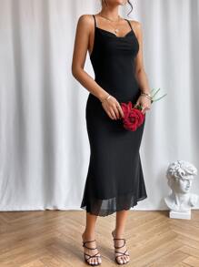 SHEIN Privé 垂領木耳邊吊帶連衣裙 - 黑色 - 查看 4