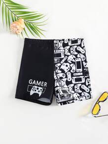 Tween Boy Gamepad & Letter Graphic Swim Shorts