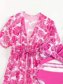 少女热带印花比基尼套装搭配和服夏日海滩 - 粉色 - 查看 4