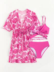少女热带印花比基尼套装搭配和服夏日海滩 - 粉色 - 查看 1