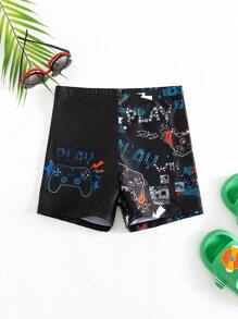 Tween Boy Gamepad & Letter Graphic Swim Shorts