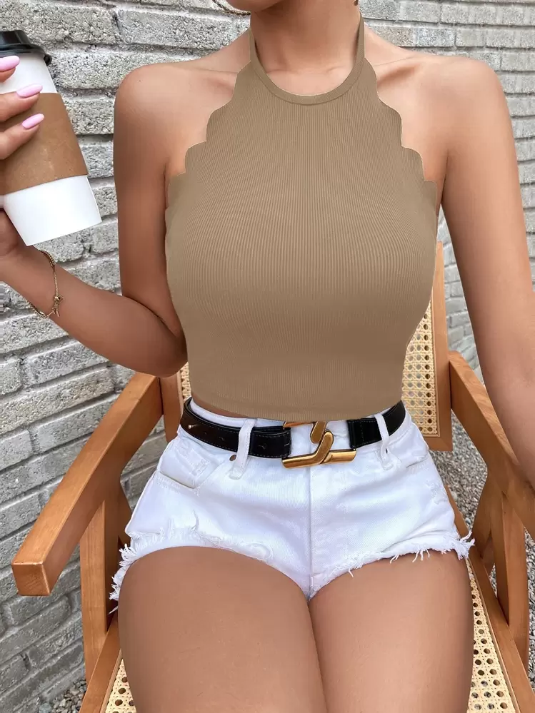 Chiquease Scallop Trim Backless Halter Top | SHEIN USA