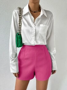 SHEIN Privé 高腰拼接細節短褲 - 玫紅色 - 查看 4