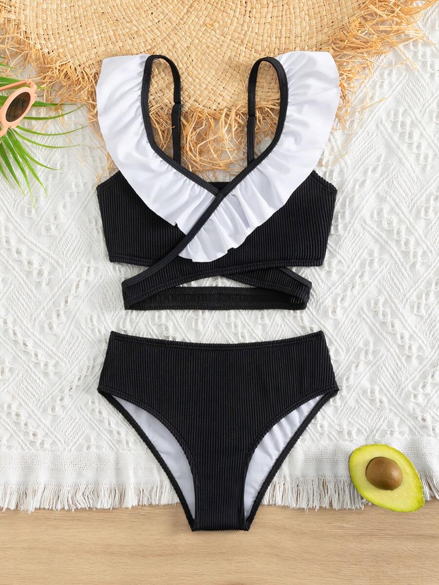 Conjunto de bikini con volante y cruce delantero para niña preadolescente, para verano y playa - Negro - Ver 1