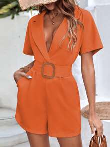 SHEIN Frenchy Áo liền quần nữ Thắt lưng Túi màu trơn Giải trí - trái cam - Xem 1