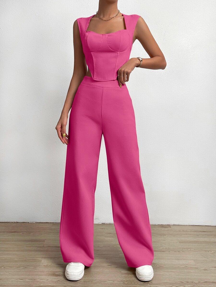 SHEIN LUNE bajo asimétrico Top tank & Pantalones de pierna ancha - Rosa Fucsia - Ver 1