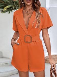 SHEIN Frenchy Áo liền quần nữ Thắt lưng Túi màu trơn Giải trí - trái cam - Xem 5