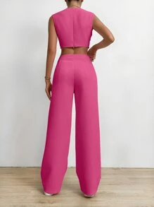 SHEIN LUNE bajo asimétrico Top tank & Pantalones de pierna ancha - Rosa Fucsia - Ver 2