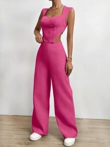SHEIN LUNE bajo asimétrico Top tank & Pantalones de pierna ancha - Rosa Fucsia - Ver 3
