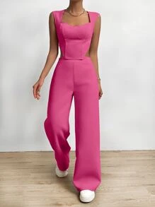 SHEIN LUNE bajo asimétrico Top tank & Pantalones de pierna ancha - Rosa Fucsia - Ver 4
