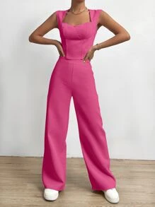 SHEIN LUNE bajo asimétrico Top tank & Pantalones de pierna ancha - Rosa Fucsia - Ver 5