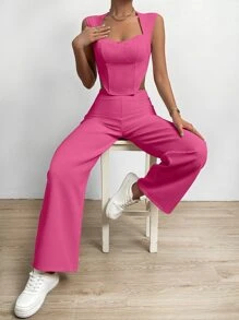SHEIN LUNE bajo asimétrico Top tank & Pantalones de pierna ancha - Rosa Fucsia - Ver 6