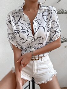 SHEIN Unity Abstract Figure Graphic Roll Up Sleeve Shirt - White - View 5
