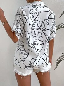 SHEIN Unity Abstract Figure Graphic Roll Up Sleeve Shirt - White - View 2