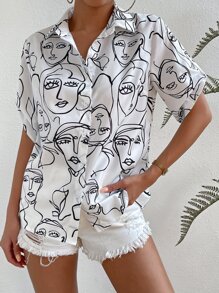 SHEIN Unity Abstract Figure Graphic Roll Up Sleeve Shirt - White - View 1
