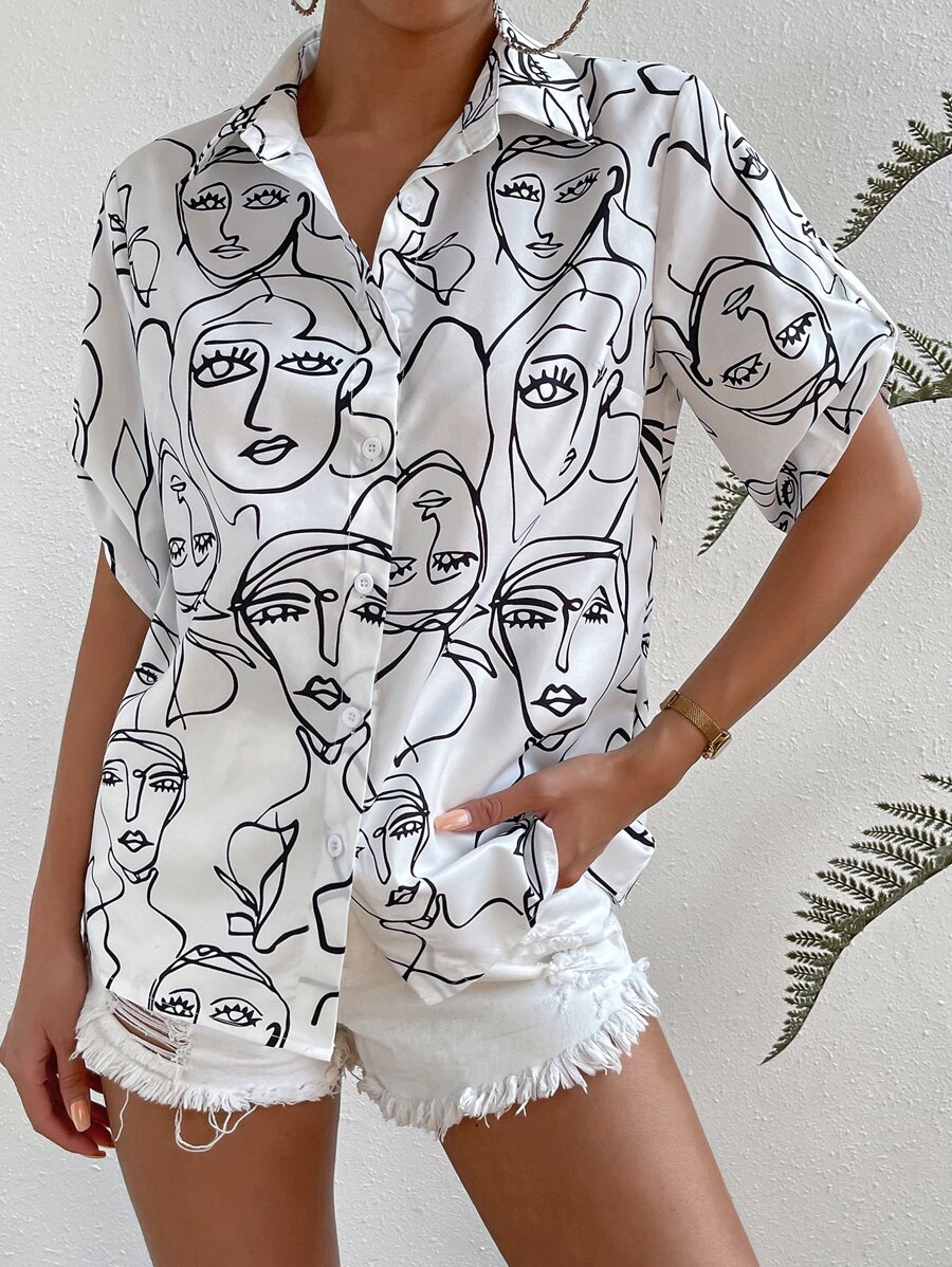 SHEIN Unity Abstract Figure Graphic Roll Up Sleeve Shirt - White - View 1
